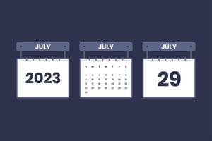 29 de julho de 2023 ícone de calendário para agenda, compromisso, conceito de data importante vetor