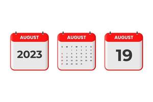 design de calendário de agosto de 2023. 19 de agosto de 2023 ícone de calendário para agendamento, compromisso, conceito de data importante vetor
