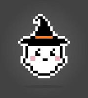 Fantasma de pixel de 8 bits usando chapéu de assistente. fantasma voador fofo em ilustração vetorial vetor