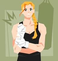 ilustração de lutador feminino com expressão de raiva. fundo de saco de boxe, saco de pancadas. conceito de boxe, lutador, kickboxing, autodefesa, esportes, etc. estilo de vetor plano