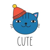 gato fofo com um chapéu de inverno e letras fofas. estilo doodle. ilustração vetorial vetor