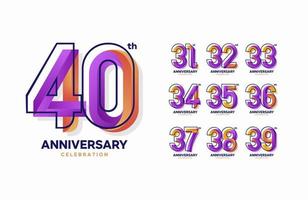 conjunto de logotipo de aniversário colorido. 31, 32, 33, 34, 35, 36, 37, 38, 39, 40 vetor
