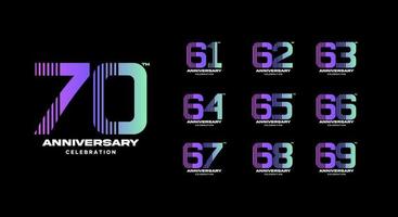 conjunto de logotipo de aniversário colorido. 61, 62, 63, 64, 65, 66, 67, 68, 69, 70