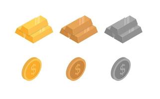 conjunto de barras e moedas de ouro. ilustração vetorial isométrica vetor