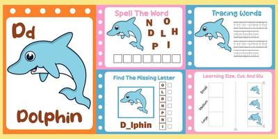 pacote de planilhas para crianças com vetor de golfinhos. livro de estudo infantil