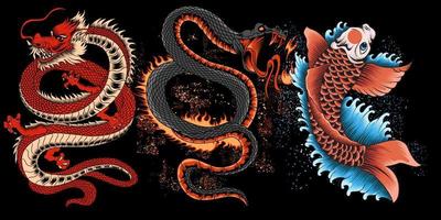 coleção de ilustração de dragão, fogo de cobra e peixe koi vetor
