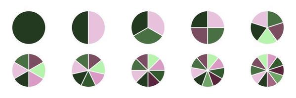 conjunto de círculos de segmento. gráfico de pizza de dez fatias. infográfico colorido. coleção de ícones de fração. ilustração vetorial. vetor