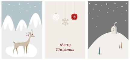 conjunto de vetores de modelo de cartões de natal. adorável cartão de natal com veados, colinas e casas. modelo de mídia social de ano novo