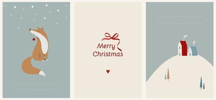 conjunto de vetores de modelo de cartões de natal. adorável cartão de natal com raposa, colinas e casas. modelo de mídia social de ano novo
