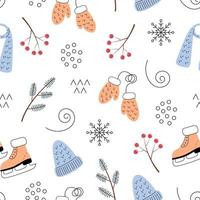padrão sem emenda com elementos de inverno em um fundo branco. ilustração vetorial fofa com ramos de abeto, flocos de neve, patins e roupas. vetor