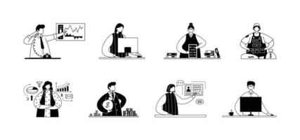 conjunto vetorial de ilustrações de funcionários profissionais do setor financeiro. arte de linha vetor