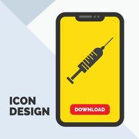 seringa. injeção. vacina. agulha. ícone de glifo de tiro no celular para página de download. fundo amarelo vetor