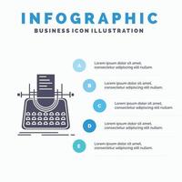 artigo. blog. história. máquina de escrever. modelo de infográficos de escritor para site e apresentação. ícone de glifo cinza com ilustração em vetor estilo infográfico azul.