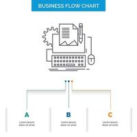 tipo escritor. papel. computador. papel. design de fluxograma de negócios de teclado com 3 etapas. ícone de linha para modelo de plano de fundo de apresentação lugar para texto vetor