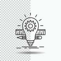 desenvolvimento. idéia. lâmpada. lápis. ícone de linha de escala em fundo transparente. ilustração em vetor ícone preto