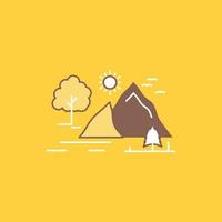 colina. paisagem. natureza. montanha. ícone cheio de linha plana de sol. botão de logotipo bonito sobre fundo amarelo para ui e ux. site ou aplicativo móvel vetor