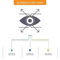 o negócio. olho. olhar. design de fluxograma de negócios de visão com 3 etapas. ícone de glifo para lugar de modelo de plano de fundo de apresentação para texto. vetor