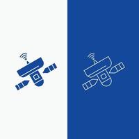 satélite. antena. radar. espaço. linha de sinal e botão web glifo em banner vertical de cor azul para ui e ux. site ou aplicativo móvel vetor