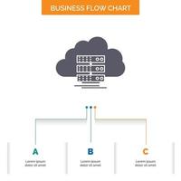 nuvem. armazenar. Informática. dados. design de fluxograma de negócios de fluxo com 3 etapas. ícone de glifo para lugar de modelo de plano de fundo de apresentação para texto. vetor