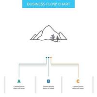 montanha. paisagem. colina. natureza. design de fluxograma de negócios de árvore com 3 etapas. ícone de linha para modelo de plano de fundo de apresentação lugar para texto vetor