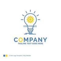 lâmpada. desenvolve. idéia. inovação. modelo de logotipo de negócios amarelo azul claro. lugar de modelo de design criativo para slogan. vetor