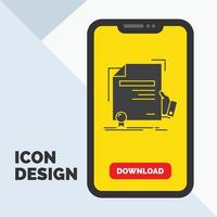 certificado. grau. Educação. prêmio. ícone de glifo de acordo no celular para página de download. fundo amarelo vetor