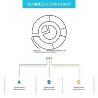 análise. analítica. o negócio. diagrama. design de fluxograma de negócios de gráfico de pizza com 3 etapas. ícone de linha para modelo de plano de fundo de apresentação lugar para texto vetor