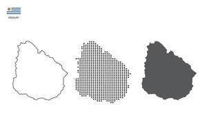 3 versões do vetor da cidade do mapa do uruguai pelo estilo de simplicidade de contorno preto fino, estilo de ponto preto e estilo de sombra escura. tudo no fundo branco.