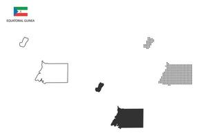 3 versões do vetor da cidade do mapa da Guiné Equatorial por estilo de simplicidade de contorno preto fino, estilo de ponto preto e estilo de sombra escura. tudo no fundo branco.