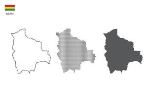 3 versões do vetor da cidade do mapa da Bolívia por estilo de simplicidade de contorno preto fino, estilo de ponto preto e estilo de sombra escura. tudo no fundo branco.