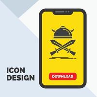 batalha. emblema. viking. guerreiro. ícone de glifo de espadas no celular para página de download. fundo amarelo vetor