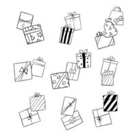 elementos de presentes de doodle de linha preta. ilustração vetorial sobre natal ou aniversário. vetor
