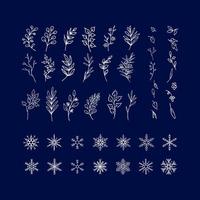 coleção de vários galhos, folhas, flocos de neve ornamentados, símbolos brancos sobre fundo azul escuro, para projetos de inverno vetor