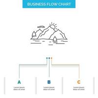 montanha. colina. paisagem. natureza. design de fluxograma de negócios de árvore com 3 etapas. ícone de linha para modelo de plano de fundo de apresentação lugar para texto vetor