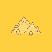 montanha. paisagem. colina. natureza. ícone cheio de linha plana de árvore. botão de logotipo bonito sobre fundo amarelo para ui e ux. site ou aplicativo móvel vetor