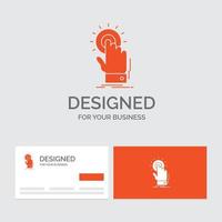 modelo de logotipo de negócios para toque. clique. mão. sobre. começar. cartões de visita laranja com modelo de logotipo da marca. vetor