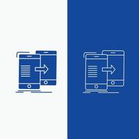 dados. compartilhamento. sincronizar. sincronização. sincronização de linha e botão web glifo em banner vertical de cor azul para ui e ux. site ou aplicativo móvel vetor