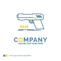 arma de fogo. revólver. pistola. atirador. modelo de logotipo de negócios amarelo azul de arma. lugar de modelo de design criativo para slogan.