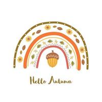 lindo arco-íris de outono. cartaz para impressão de outono. arco-íris de berçário moderno com bolota amarela, folhas, flores. elemento de bebê de vibrações de outono. doodle arco-íris infantil, ilustração vetorial de outono para arte de berçário de crianças. vetor