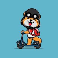 lindo tigre andando de patinete e use capacete vetor