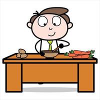 ativo de um personagem de desenho animado jovem empresário preparando comida vetor