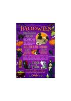 abóbora de halloween, chapéu de bruxa e design de cartaz de morcego vetor