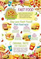 cartaz de vetor de menu de restaurante de fast food