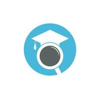 chapéu de pós-graduação e design de logotipo de lupa. modelo de logotipo de vetor de localizador de estudantes.