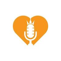 rei do podcast e design de logotipo de vetor de forma de coração. conceito de design de logotipo de música rei.