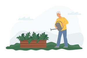 um homem idoso rega as plantas, jardinagem como hobby para um aposentado. vetor