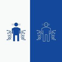 sensor. corpo. dados. humano. linha de ciência e botão web glifo em banner vertical de cor azul para ui e ux. site ou aplicativo móvel vetor