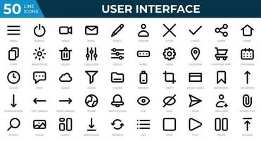 conjunto de 50 ícones de interface de usuário em estilo de linha. menu, calendário, relógio. coleção de ícones de contorno. ilustração vetorial vetor