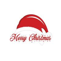 conceito de vetor de tipografia de título de feliz natal em vermelho com chapéu de natal e barba branca de papai noel em um fundo branco de neve. ilustração vetorial