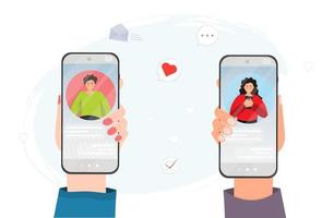 mãos com telefones celulares e pessoas namorando online, conversando conceito online, usando aplicativo móvel para mensagens com amigos, ilustração vetorial plana vetor